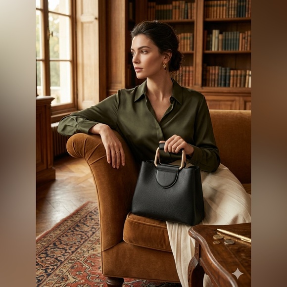 Modern Black Pebbled Leather Handbag - Gold Square Top Handle Satchel Purse - Picture 2 of 8